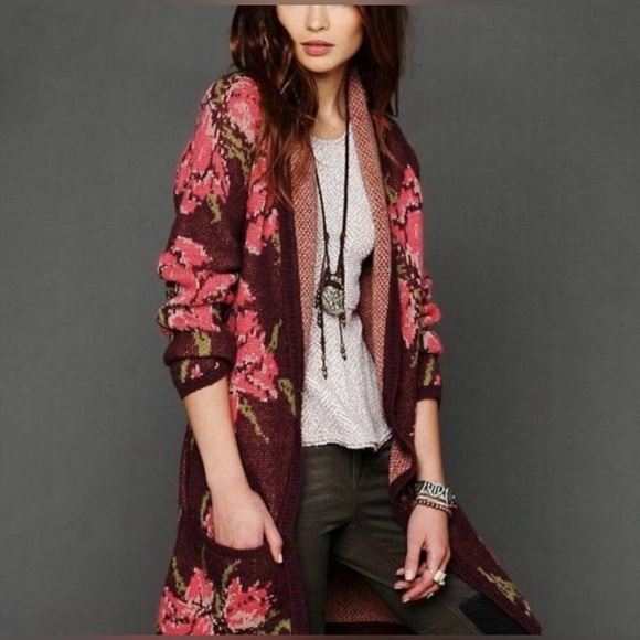 Free People flower power floral pink alpaca cardigan Sweater! Oversized XS - Picture 2 of 7
